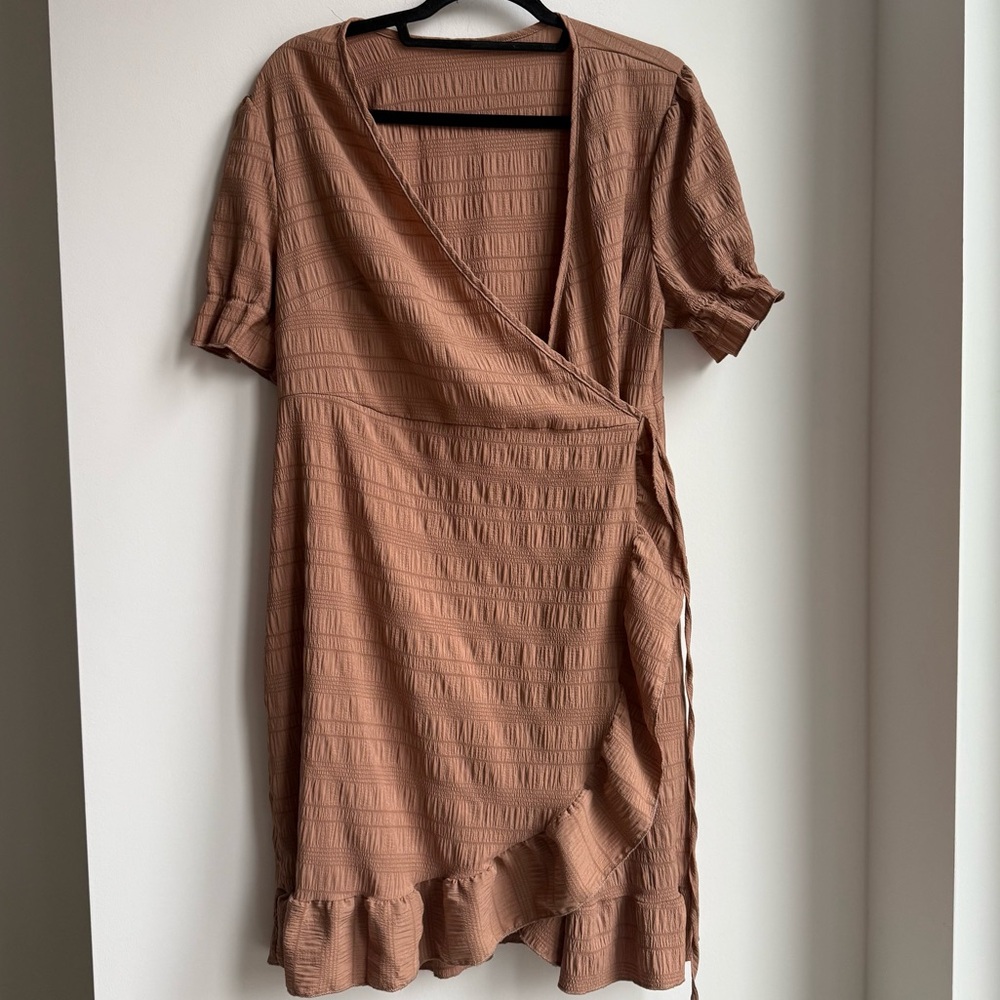 SHEIN Brown Wrap Ruffle Dress Size 1XL Plus Asymmetrical Hem Puff Sleeve